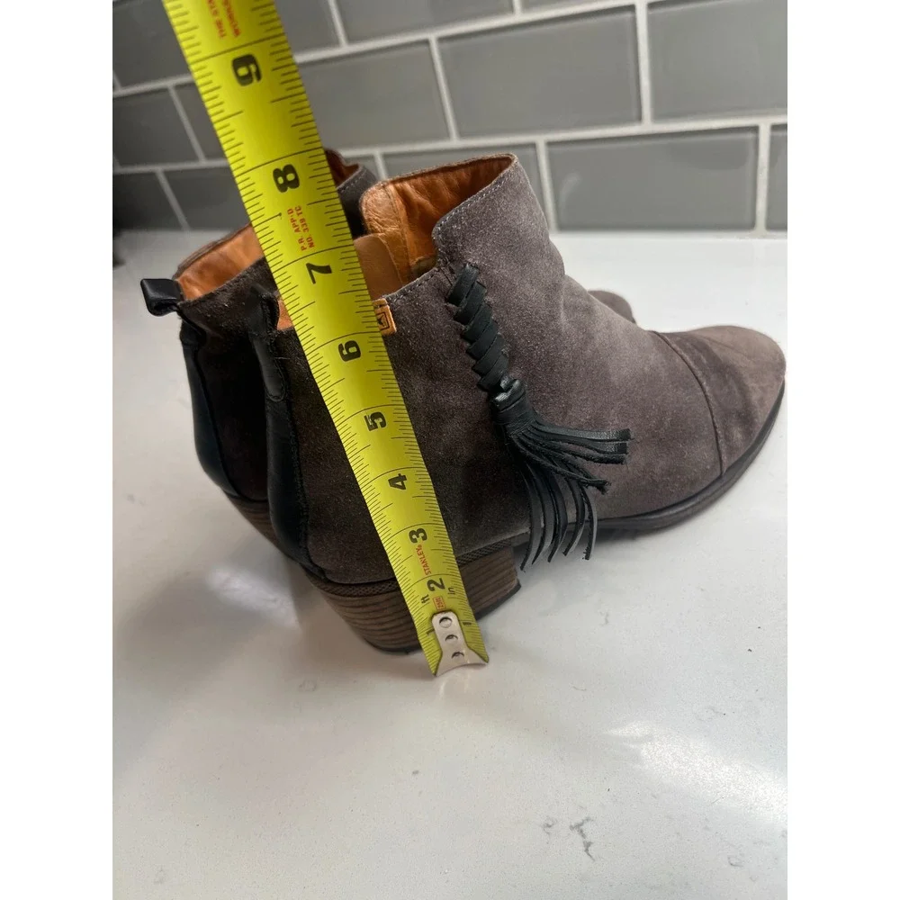 Pikolinos Brown Suede Tassel Ankle Booties Womens Stacked Block Heel Side Zip